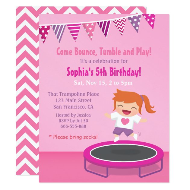 Girl On Trampoline Kids Birthday Party Invitations