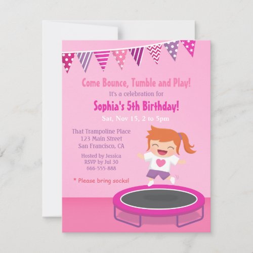 Girl on Trampoline Kids Birthday Party Invitations
