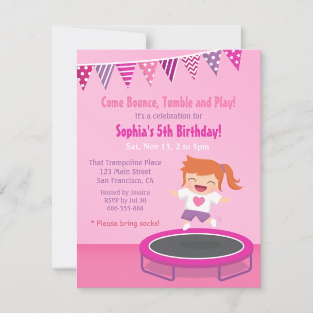 Girl on Trampoline Kids Birthday Party Invitations (Front)