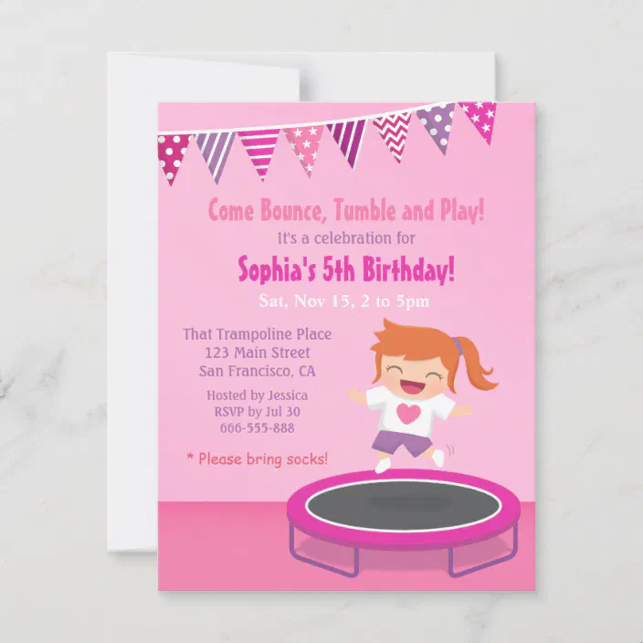 Girls Chalk Polkadot Trampoline Childrens Birthday Party Invitations