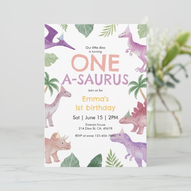 Girl One A Saurus Dinosaur 1st Birthday Invitation (Standing Front)