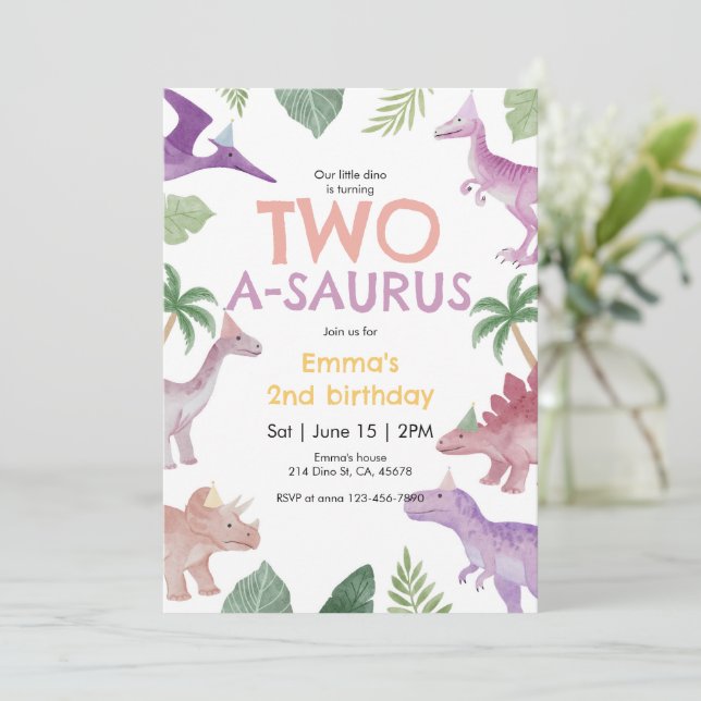 Girl One A Saurus Dinosaur Birthday Invitation (Standing Front)