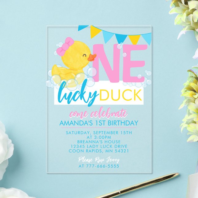 Girl One Lucky Duck Watercolor 1st Birthday Acrylic Invitations (Girl One Lucky Watercolor Rubber Duck Watercolor 1st Birthday Acrylic Invitations)