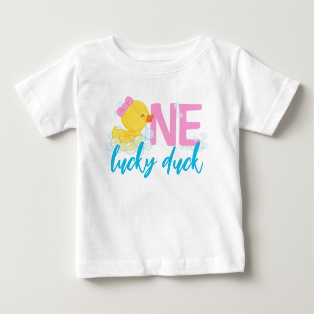 Girl One Lucky Duck Watercolor Ducky 1st Birthday Baby T-Shirt (Front)