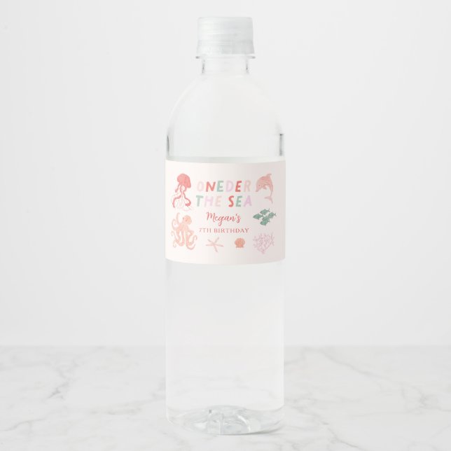 Girl ONEder The Sea Birthday Party Water Bottle Label (Front)