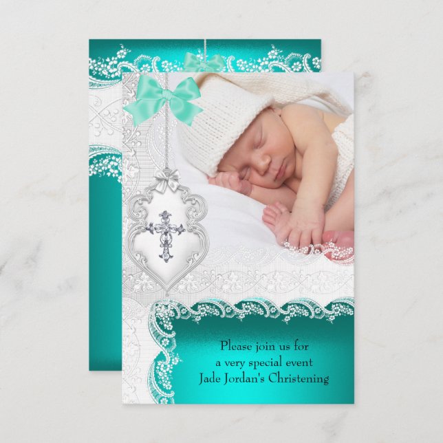 Girl or Boy Baptism Jade Teal White Lace Photo Invitation (Front/Back)