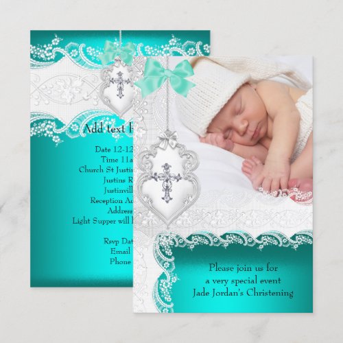 Girl or Boy Baptism Jade Teal White Lace Photo Invite