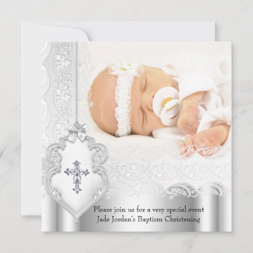 Girl or Boy Baptism Silver White Lace Photo Cross Invitation