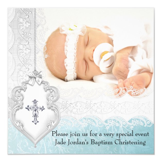 Girl Or Boy Baptism Teal White Lace Photo Cross Card