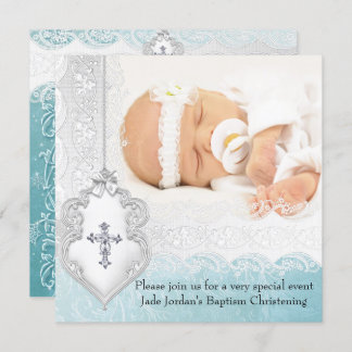 Girl or Boy Baptism Teal White Lace Photo Cross Invitation