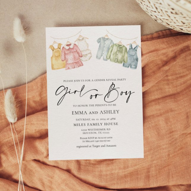 Girl or Boy Boho Clothes Gender Reveal Invitation (Creator Uploaded)