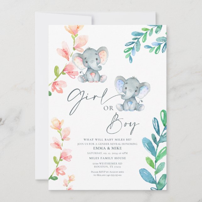 Girl or Boy Elephant Gender Reveal Invitation (Front)