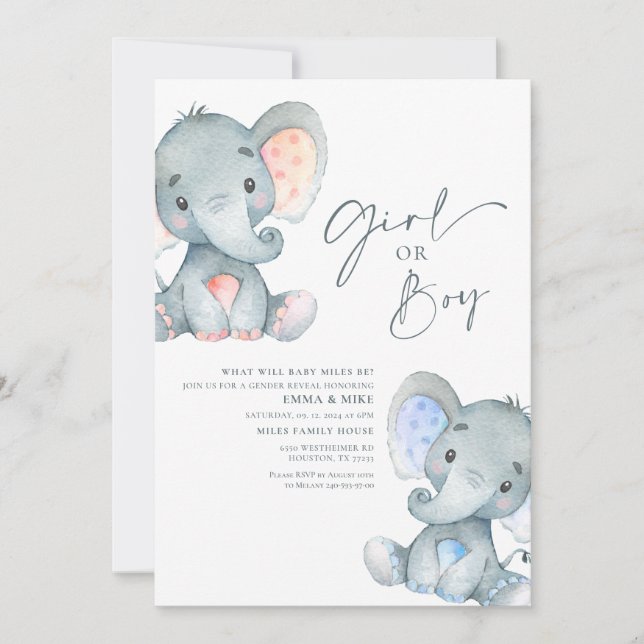 Girl or Boy Elephant Gender Reveal Invitation (Front)