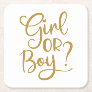 Girl or Boy Gold Glitter Gender Reveal Square Paper Coaster