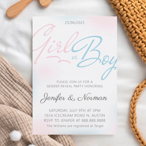 Girl or Boy Watercolor Gender Reveal Baby Shower Invitation