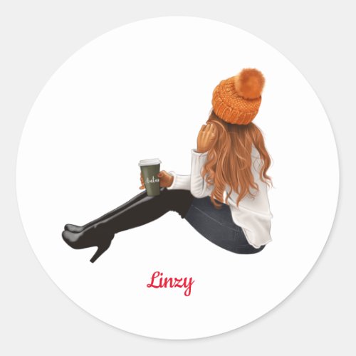 Girl Orange Autumn Fall Personalized Custom Coffee Classic Round Sticker