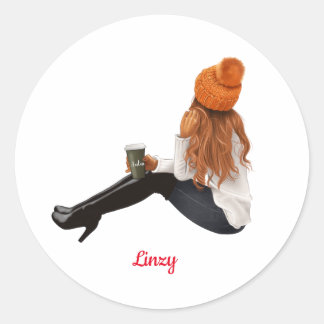 Girl Orange Autumn Fall Personalized Custom Coffee Classic Round Sticker