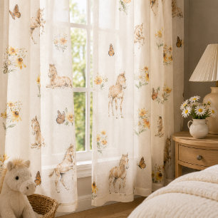 Girl Orange Wildflower Horse Butterfly Pattern Sheer Curtains
