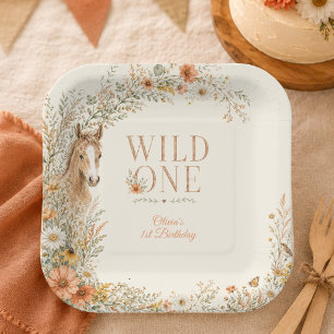 Girl Orange Wildflower Horse First Birthday Paper Plates