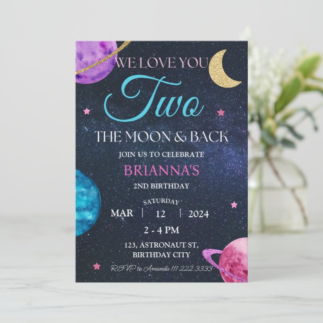 Girl Outer Space 2nd Birthday Two The Moon Pink Invitation (Standing Front)