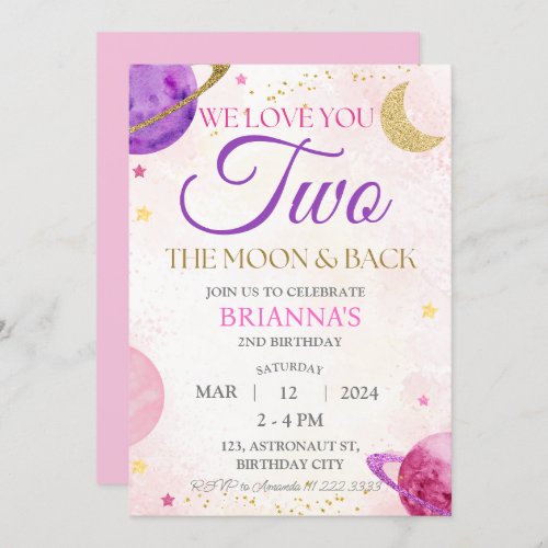 Girl Outer Space 2nd Pink Two The Moon Birthday Invitation