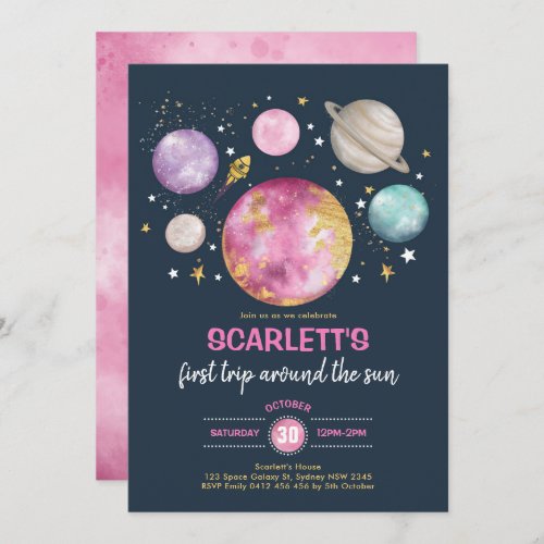 Girl Outer Space Galaxy Birthday Navy Pink Gold Invitation