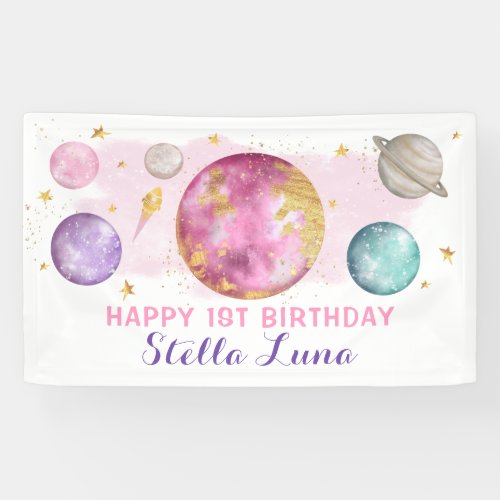Girl Outer Space Galaxy Pink Gold Birthday Party Banner