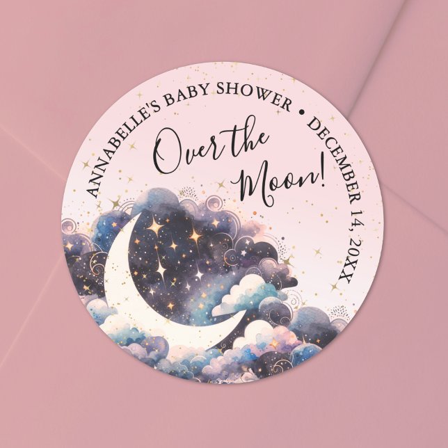 Girl Over The Moon Baby Shower Classic Round Sticker (Girl Over The Moon Baby Shower Classic Round Sticker)