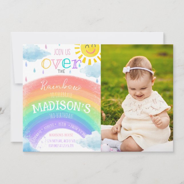 Girl Over The Rainbow Colorful Birthday Photo Invitation (Front)