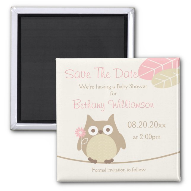 Girl Owl Baby Shower Save The Date Magnet (Front)