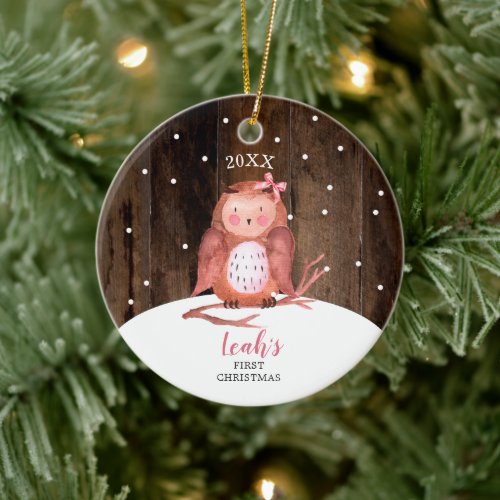 Girl Owl Cute Personalized Woodland Baby Christmas Ceramic Ornament