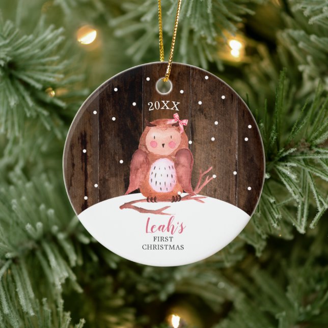 Girl Owl Cute Personalized Woodland Baby Christmas Ceramic Ornament (Tree)