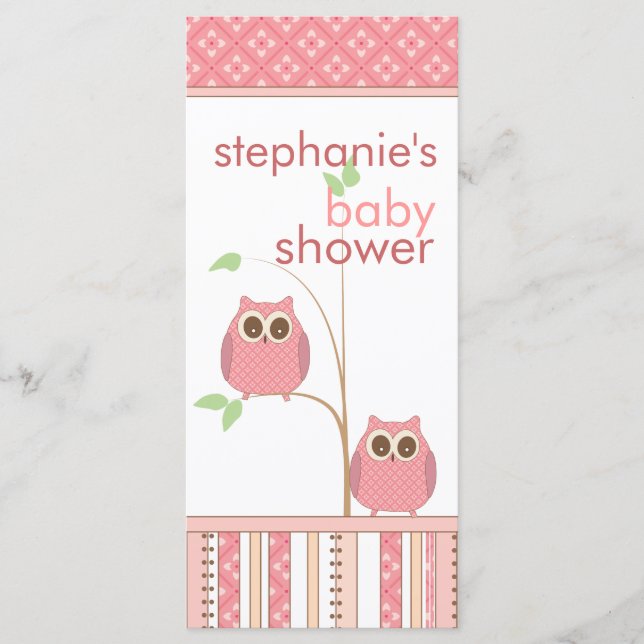 Girl Owl Pink Baby Shower Menu Card (Front)
