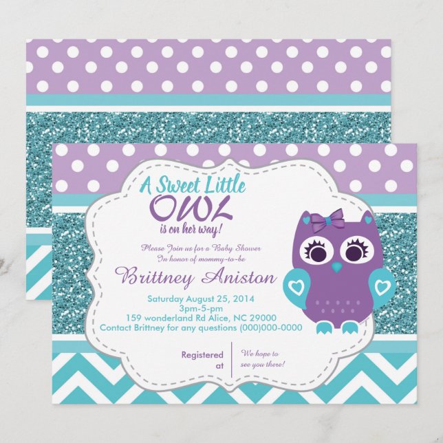 Girl Owl Purple Teal Invitation Card (Front/Back)