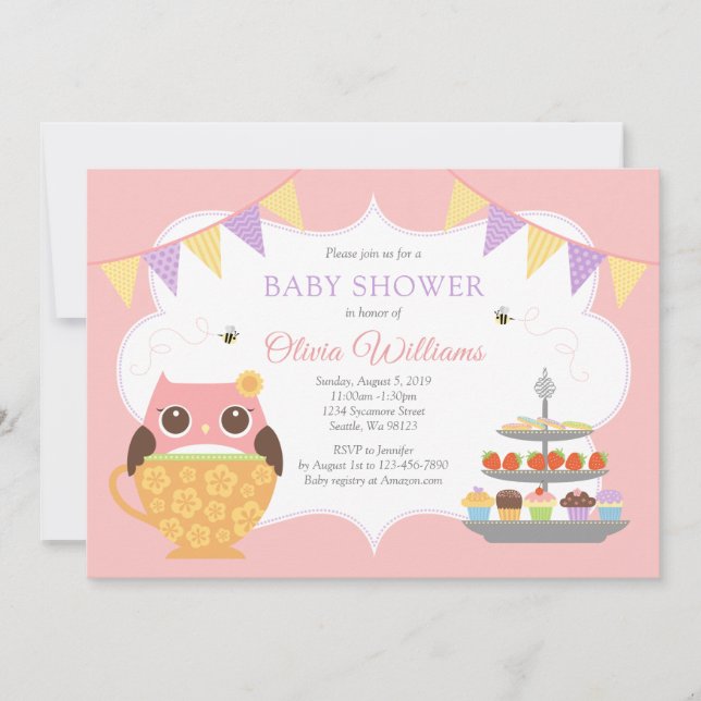 Girl Owl Tea Party Baby Shower Invitation (Front)