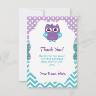 Girl Owl Thank You Card Purple Teal