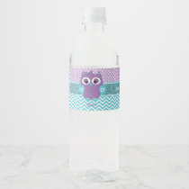Girl owl water bottle label baby shower.