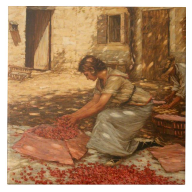 Girl Packing Cherries in Provence (France) Ceramic Tile (Front)