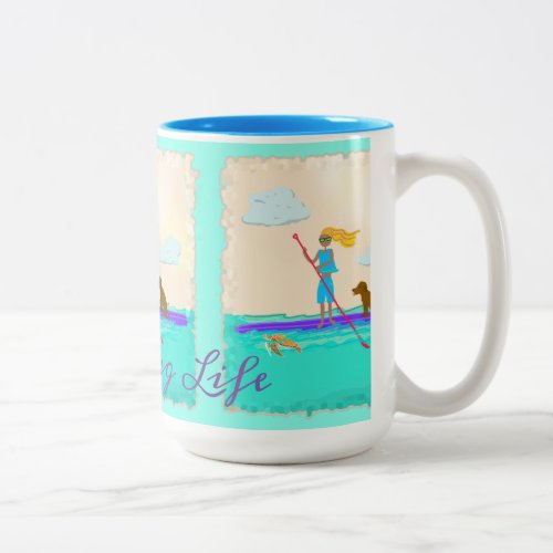 Girl Paddleboarding SUP With Dog Illustrated Two_Tone Coffee Mug