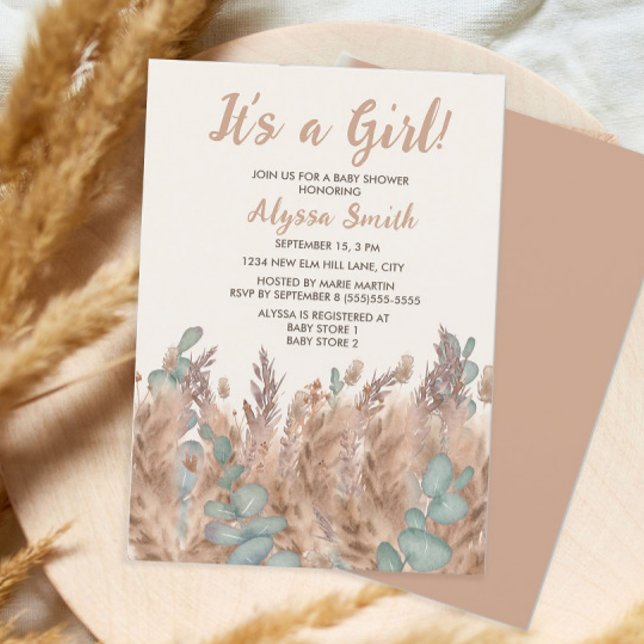 Girl Pampas Grass Boho Bohemian Desert Baby Shower Invitation (Creator Uploaded)