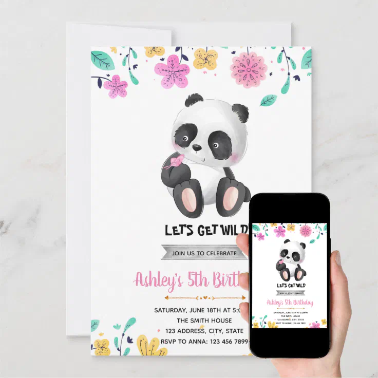 Girl panda birthday invitation | Zazzle