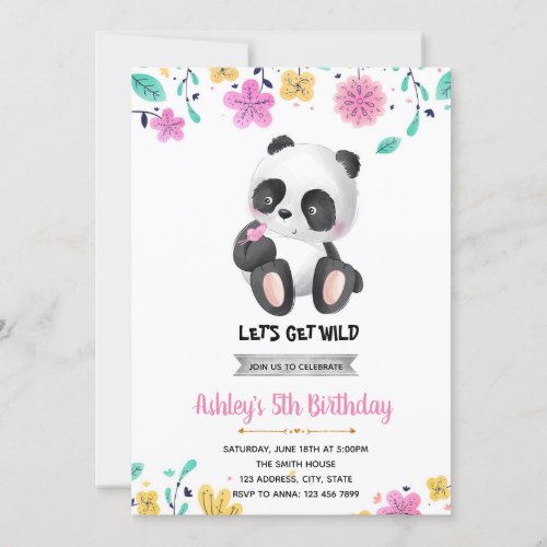 Girl panda birthday invitation