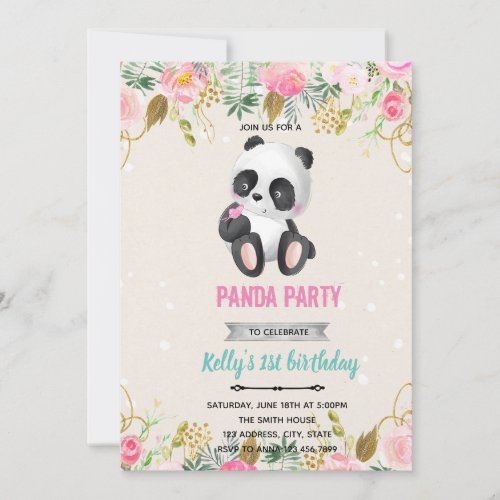 Girl panda flower invitation