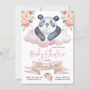 Girl Panda Pink Floral Baby Shower Invitation