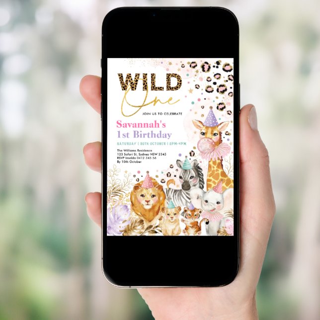 Girl Party Animals Leopard Print Wild One Birthday Invitation (Front Digital)