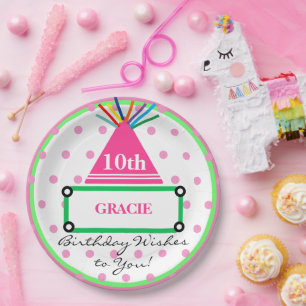 Girl Party Hat Green Pink Polka Dots Name Paper Plates
