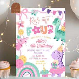 Girl Pastel Dinosaur 4th Birthday invitation