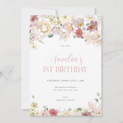Girl Pastel Floral 1st First Birthday Invitation