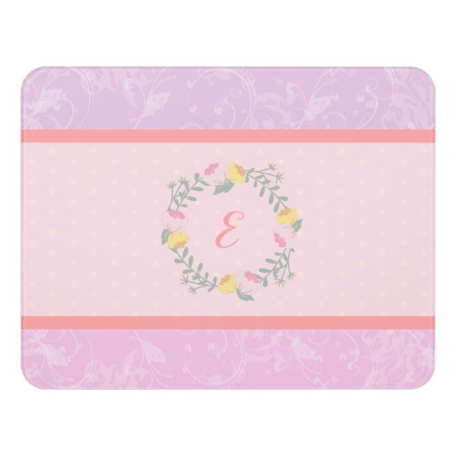 Girl Pastel Pink and Lavender Floral Monogram Kid Door Sign (Contemporary Front)