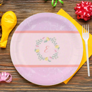 Girl Pastel Pink and Lavender Floral Monogram Kid Paper Plates